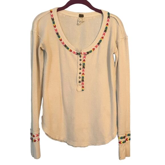 Free People Rainbow Embroidered Accent Long Sleeve Embroidered Thermal XS Boho - Picture 8 of 8